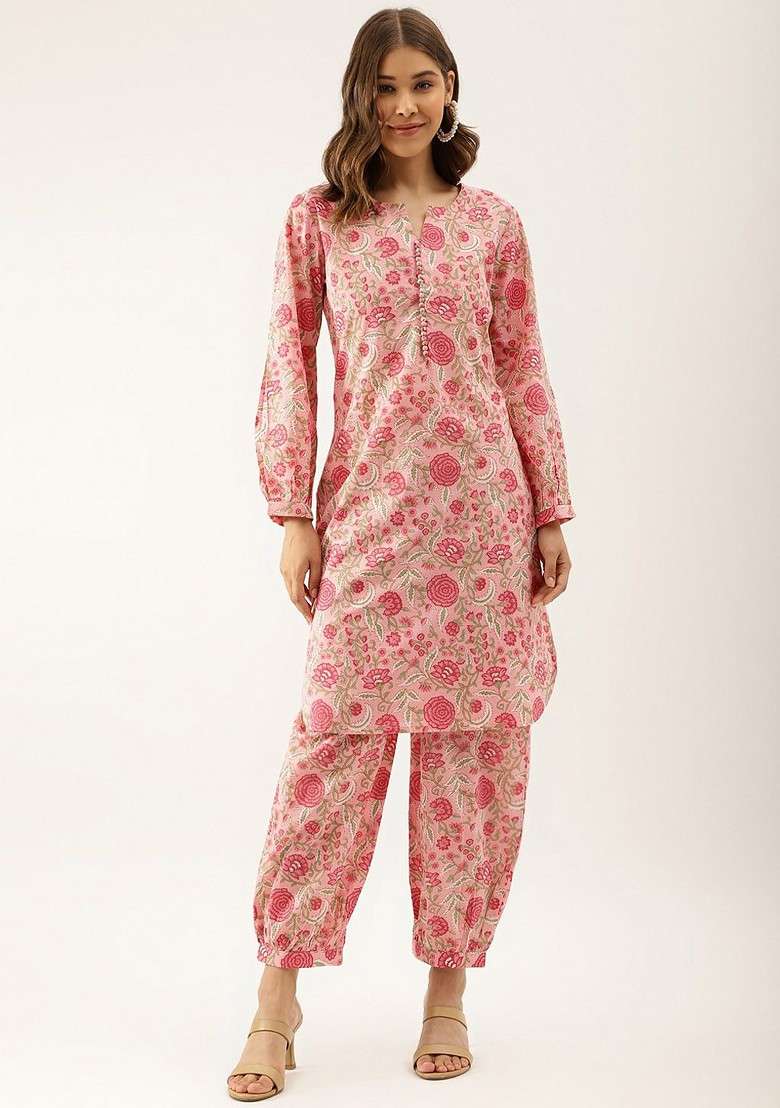 Pink Embroidered Poly Blended Kurta Sets - Indya
