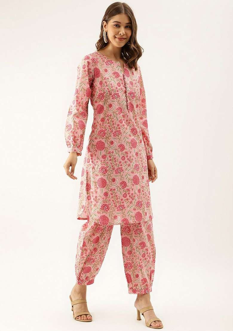 Pink Embroidered Poly Blended Kurta Sets - Indya