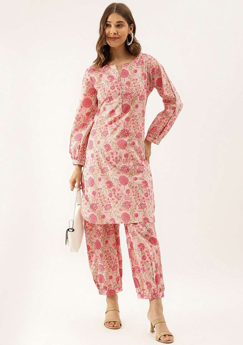 Pink Embroidered Poly Blended Kurta Sets - Indya