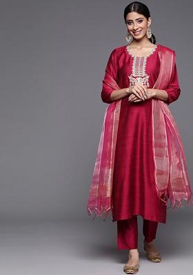 Magenta Embroidered Poly Blended Kurta Sets