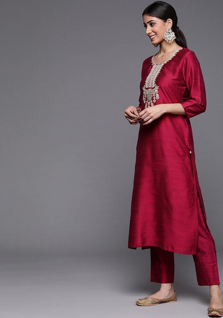 Magenta Embroidered Poly Blended Kurta Sets - Indya