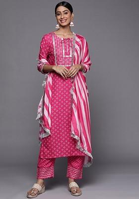 Pink Embroidered Poly Blended Kurta Sets