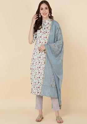 Blue Embroidered Poly Blended Kurta Sets