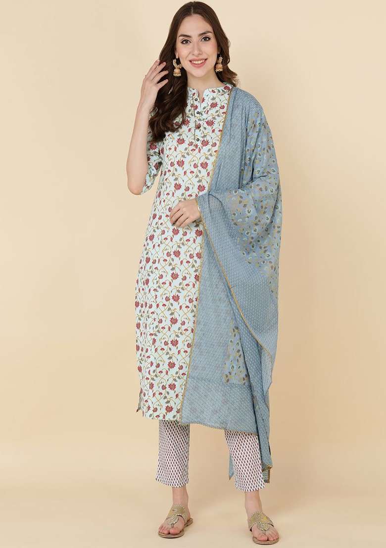 Blue Embroidered Poly Blended Kurta Sets - Indya