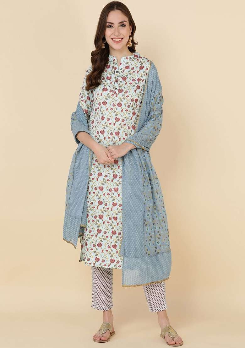 Blue Embroidered Poly Blended Kurta Sets - Indya