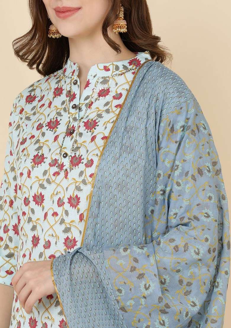 Blue Embroidered Poly Blended Kurta Sets - Indya