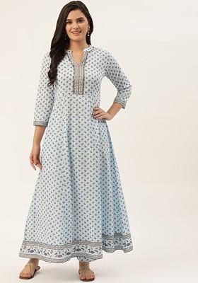 Blue Embroidered Poly Blended Kurta Sets