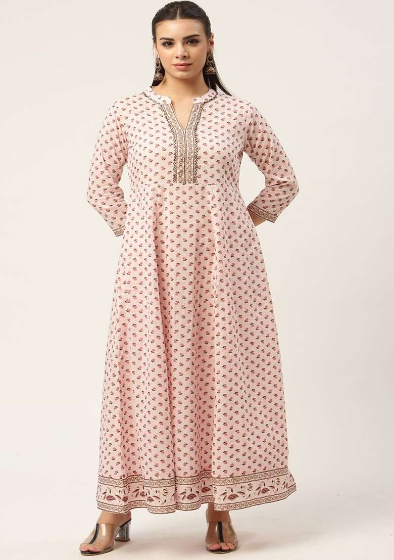 Pink Embroidered Poly Blended Kurta Sets - Indya
