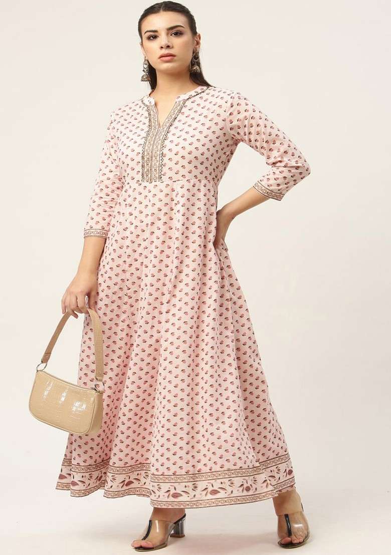 Pink Embroidered Poly Blended Kurta Sets - Indya