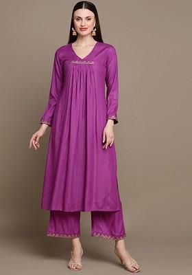 Purple Embroidered Poly Blended Kurta Sets