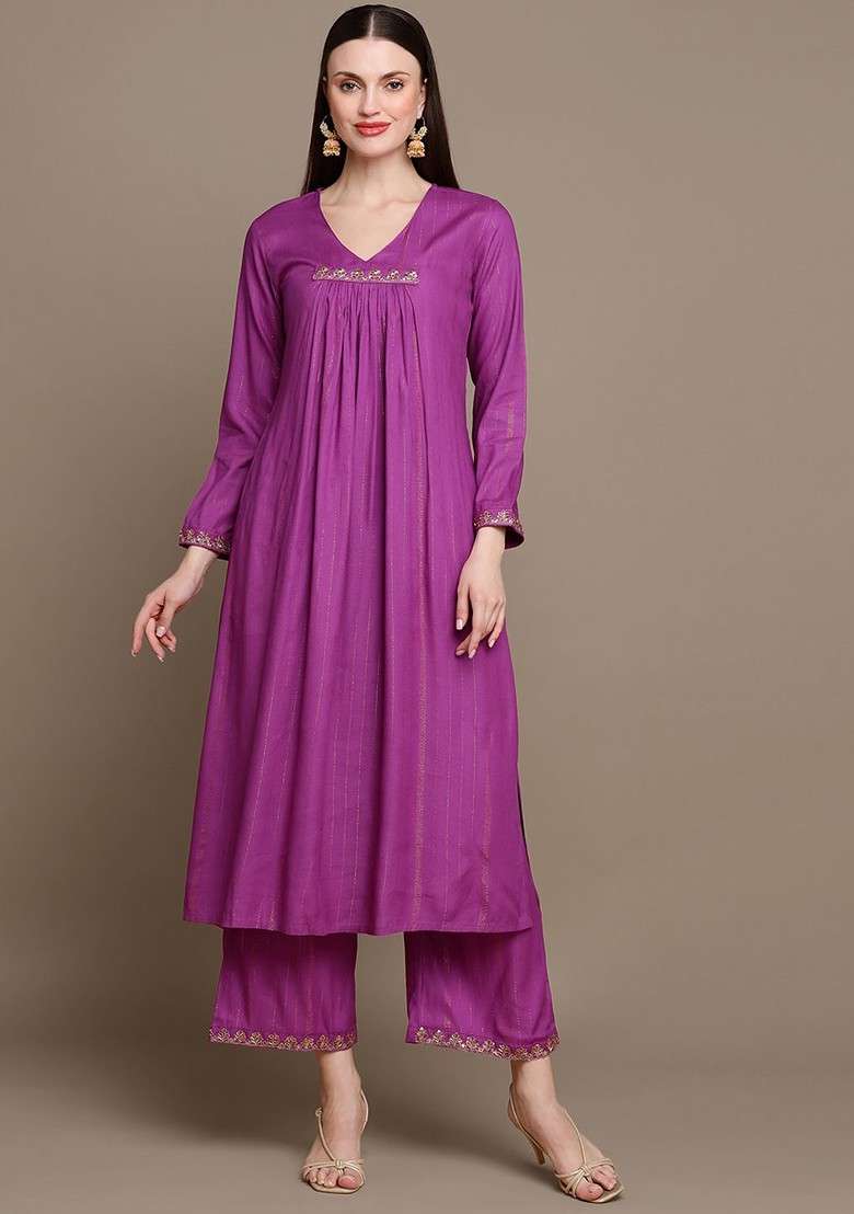 Purple Embroidered Poly Blended Kurta Sets - Indya