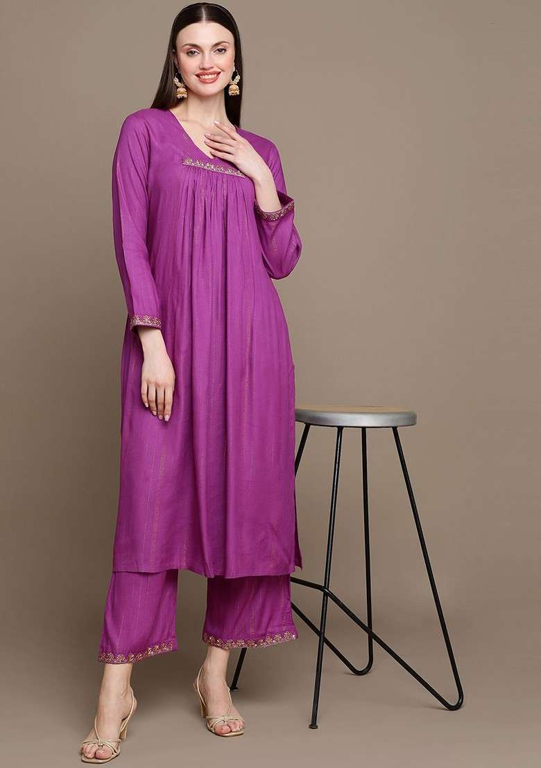 Purple Embroidered Poly Blended Kurta Sets - Indya