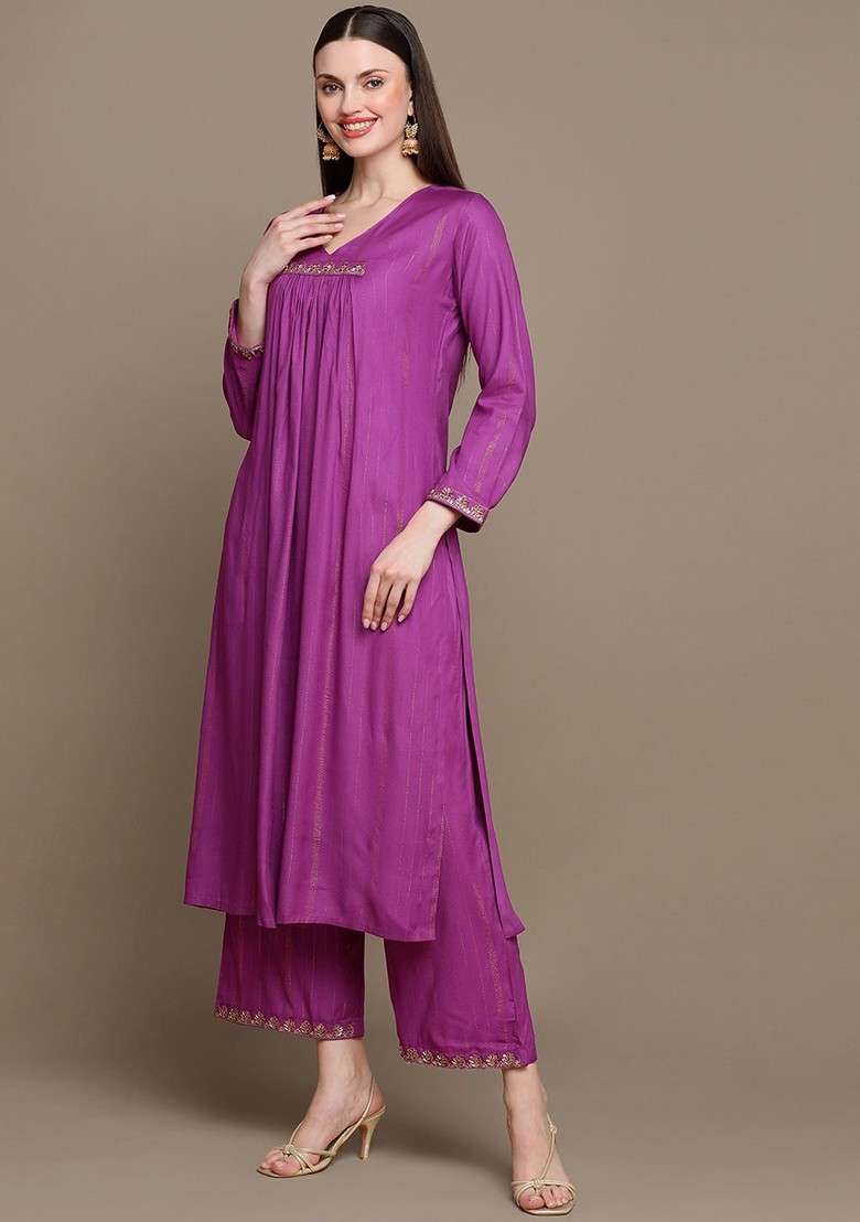Purple Embroidered Poly Blended Kurta Sets - Indya