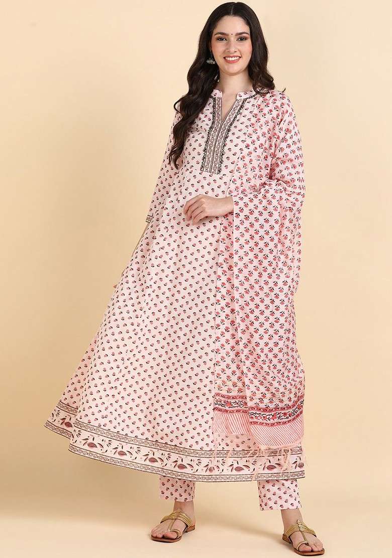 Peach Embroidered Poly Blended Kurta Sets - Indya