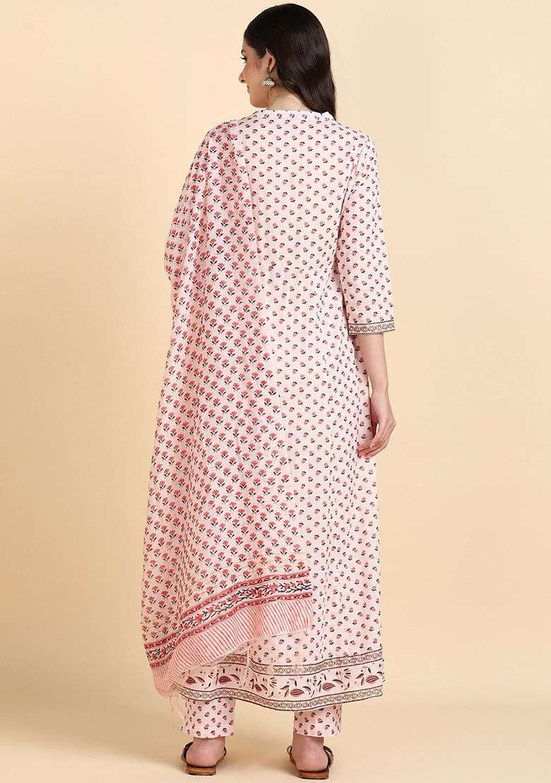 Peach Embroidered Poly Blended Kurta Sets - Indya