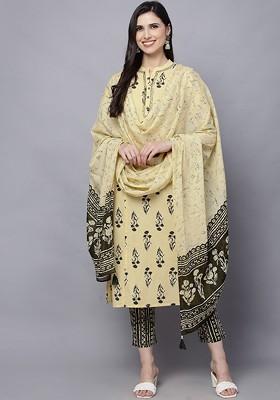 Yellow Embroidered Poly Blended Kurta Sets