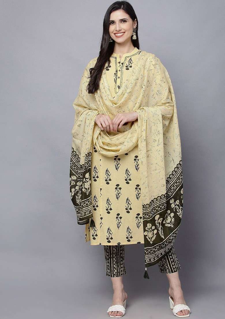 Yellow Embroidered Poly Blended Kurta Sets - Indya