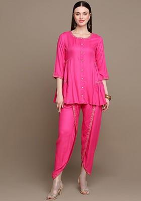 Pink Embroidered Poly Blended Kurta Sets