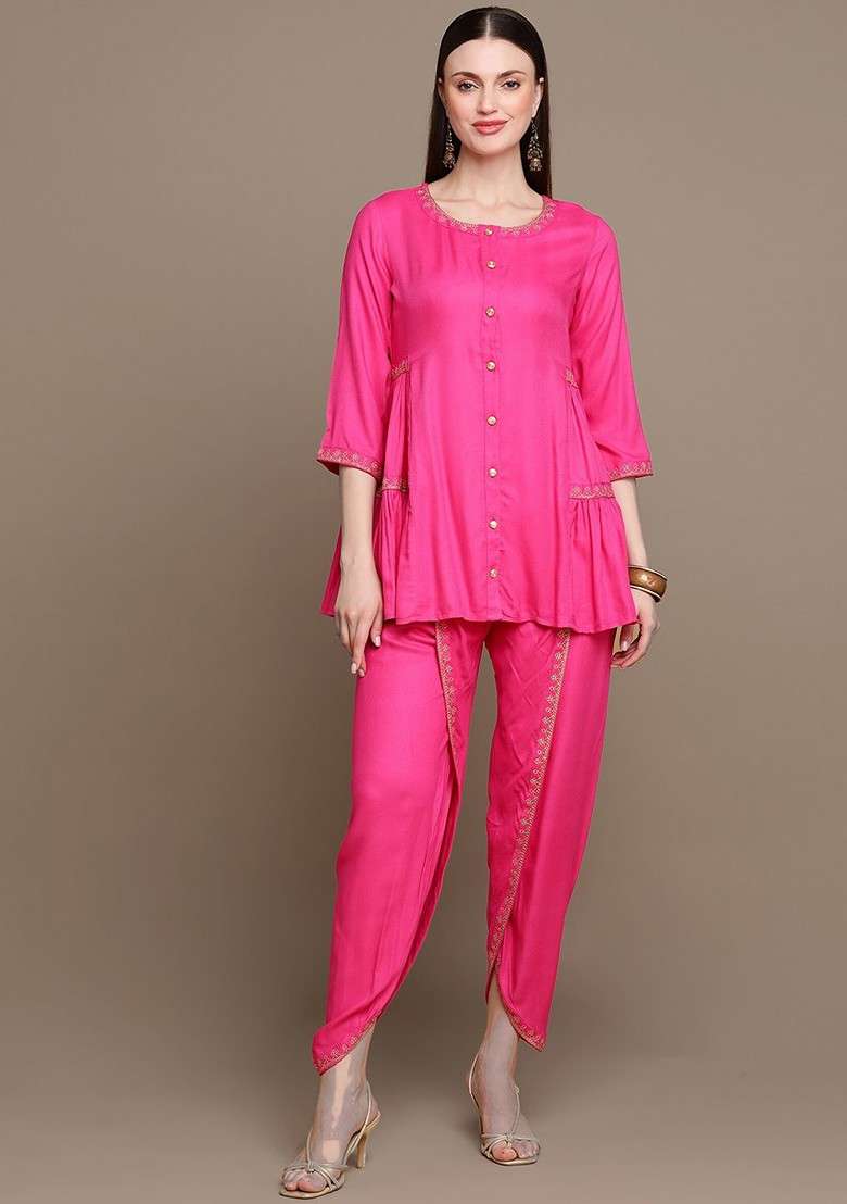 Pink Embroidered Poly Blended Kurta Sets - Indya