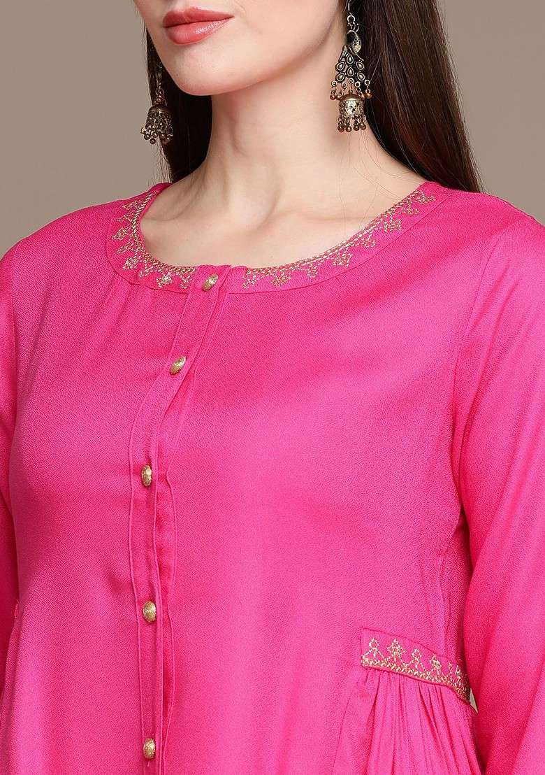 Pink Embroidered Poly Blended Kurta Sets - Indya