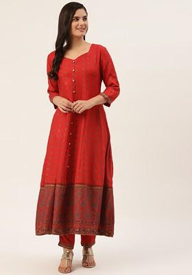 Red Embroidered Poly Blended Kurta Sets
