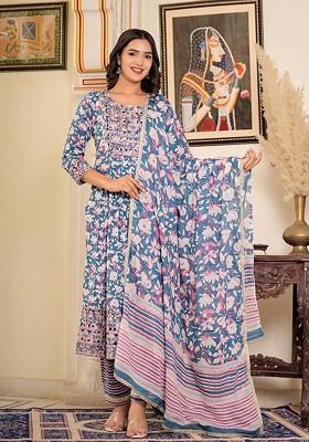 Blue Embroidered Poly Blended Kurta Sets