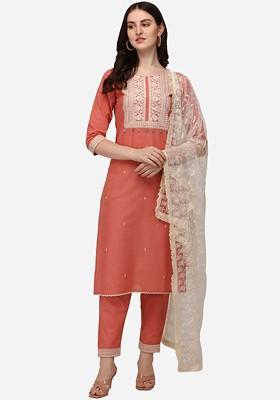 Pink Embroidered Poly Blended Kurta Sets