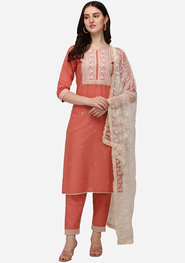 Pink Embroidered Poly Blended Kurta Sets - Indya