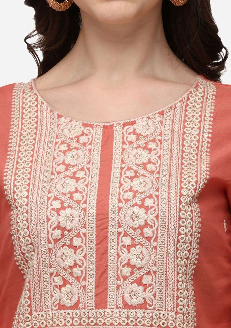 Pink Embroidered Poly Blended Kurta Sets - Indya
