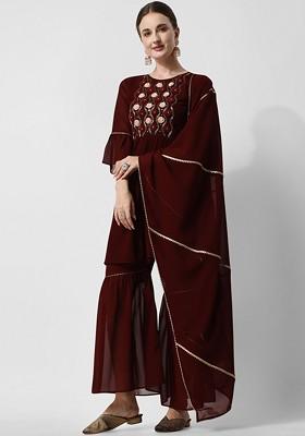 Burgundy Embroidered Poly Blended Kurta Sets