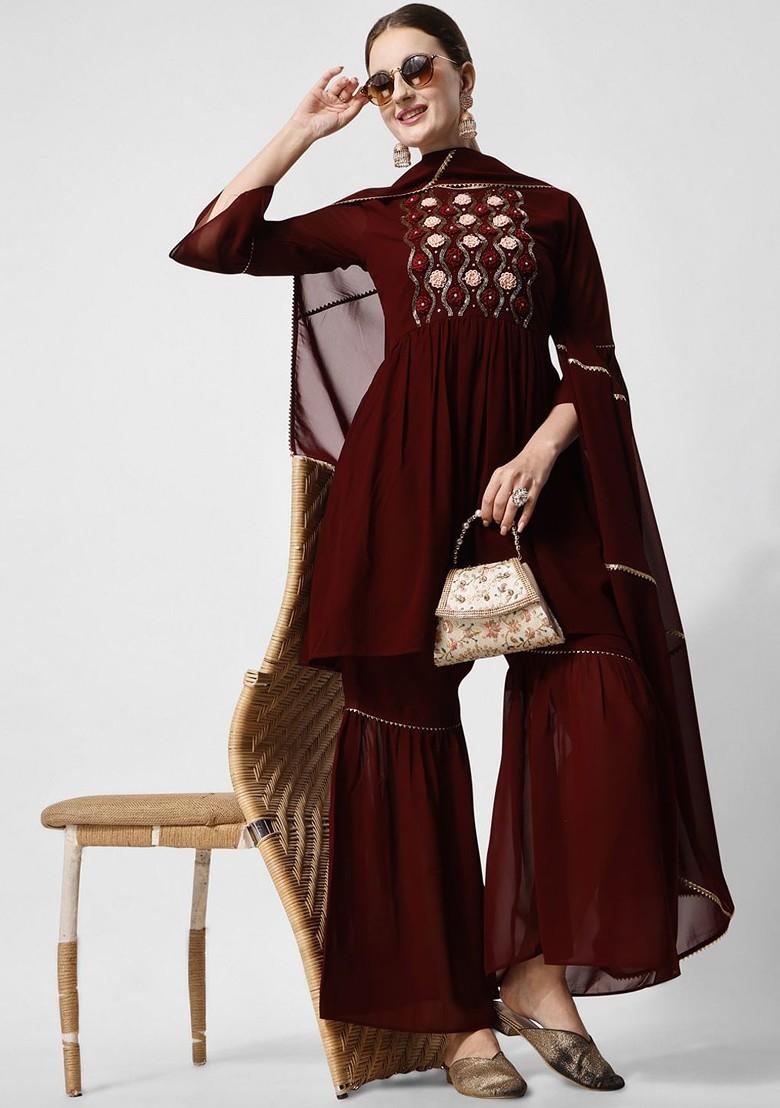 Burgundy Embroidered Poly Blended Kurta Sets - Indya