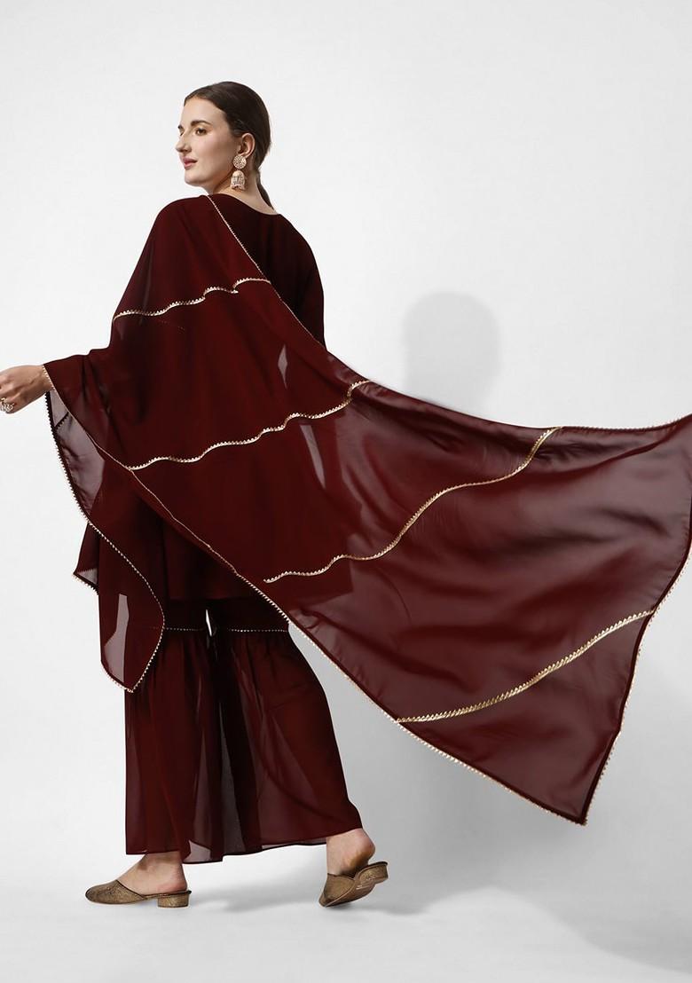 Burgundy Embroidered Poly Blended Kurta Sets - Indya