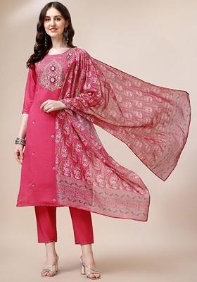 Pink Embroidered Poly Blended Kurta Sets