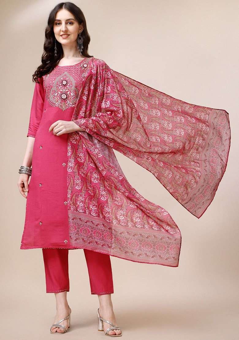Pink Embroidered Poly Blended Kurta Sets - Indya