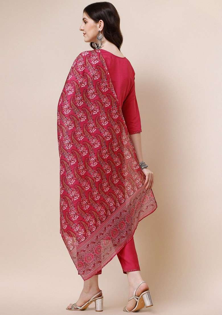 Pink Embroidered Poly Blended Kurta Sets - Indya