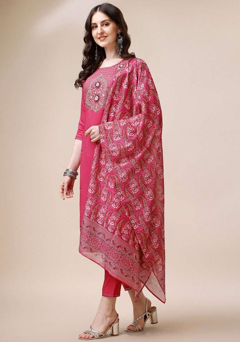 Pink Embroidered Poly Blended Kurta Sets - Indya