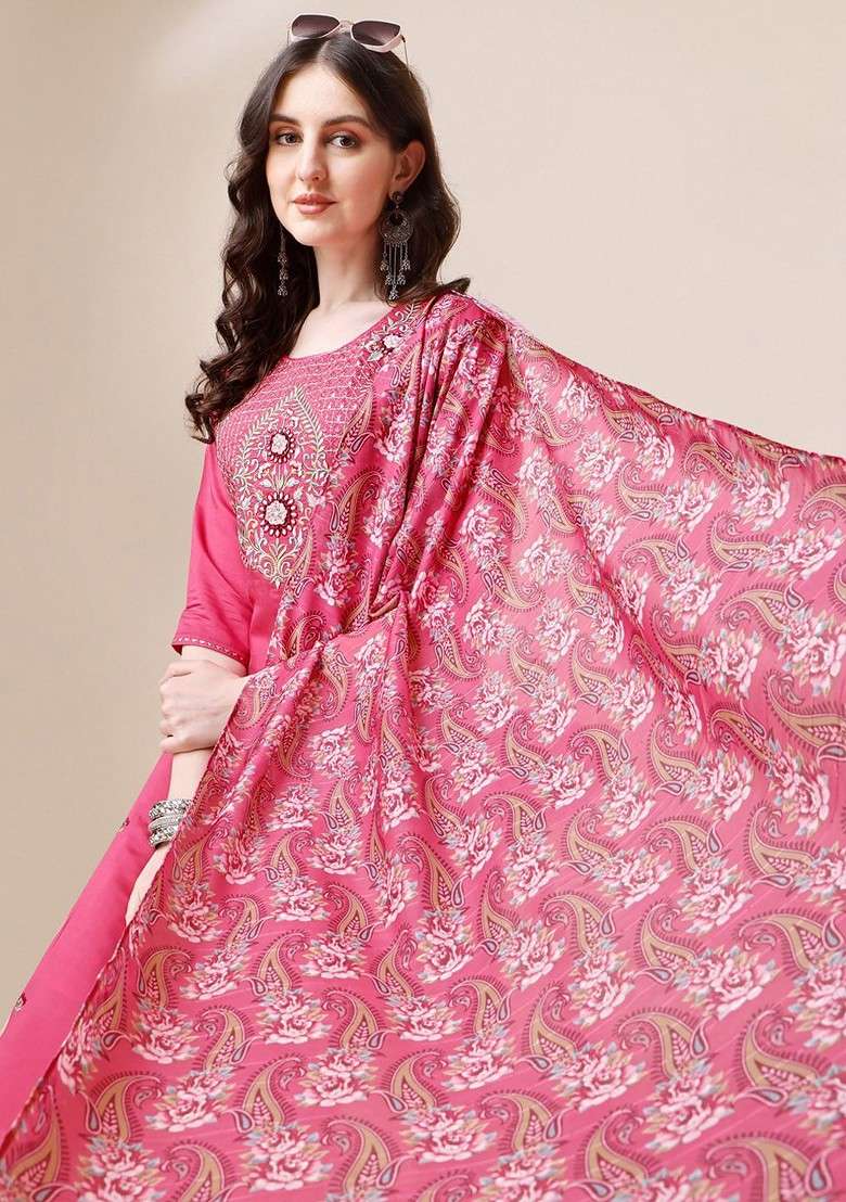 Pink Embroidered Poly Blended Kurta Sets - Indya