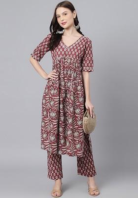 Maroon Embroidered Poly Blended Kurta Sets