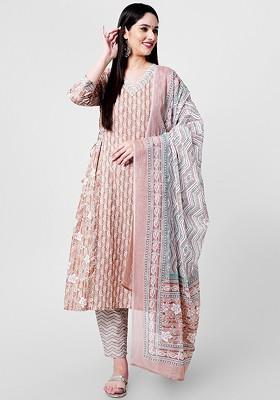 Beige Embroidered Poly Blended Kurta Sets