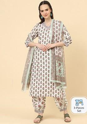 White Embroidered Poly Blended Kurta Sets