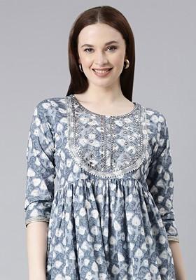 Grey Embroidered Poly Blended Kurta Sets