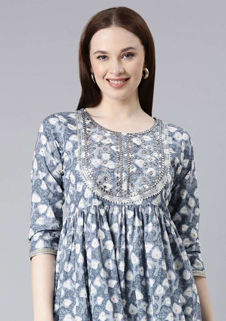 Grey Embroidered Poly Blended Kurta Sets - Indya