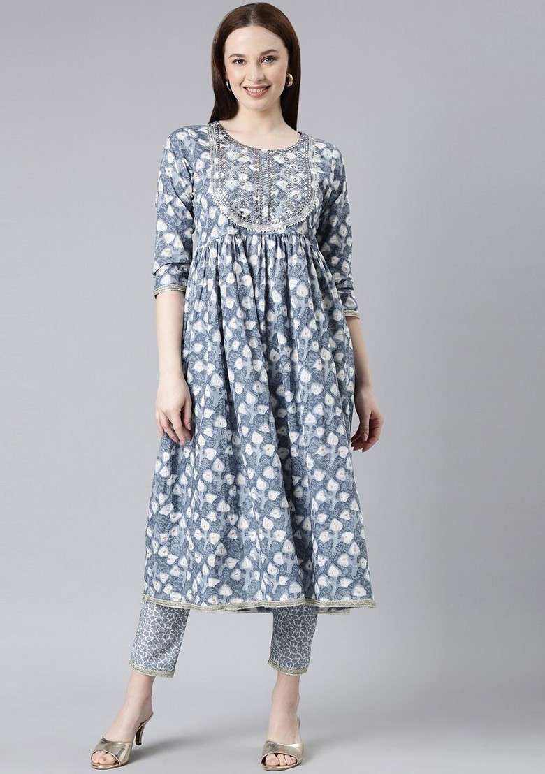 Grey Embroidered Poly Blended Kurta Sets - Indya