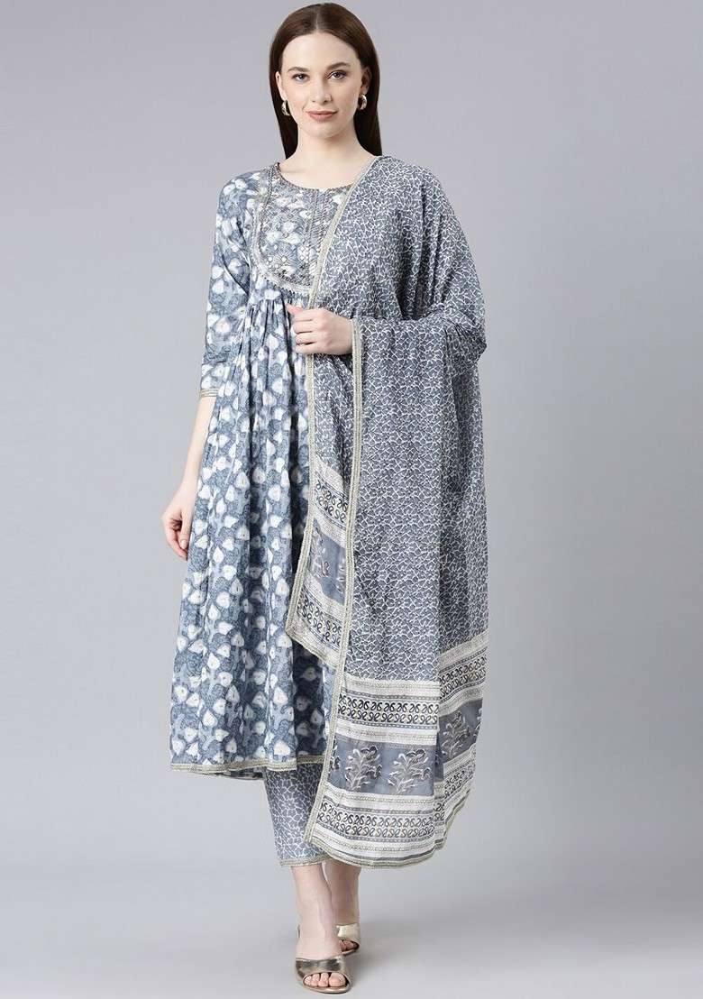 Grey Embroidered Poly Blended Kurta Sets - Indya