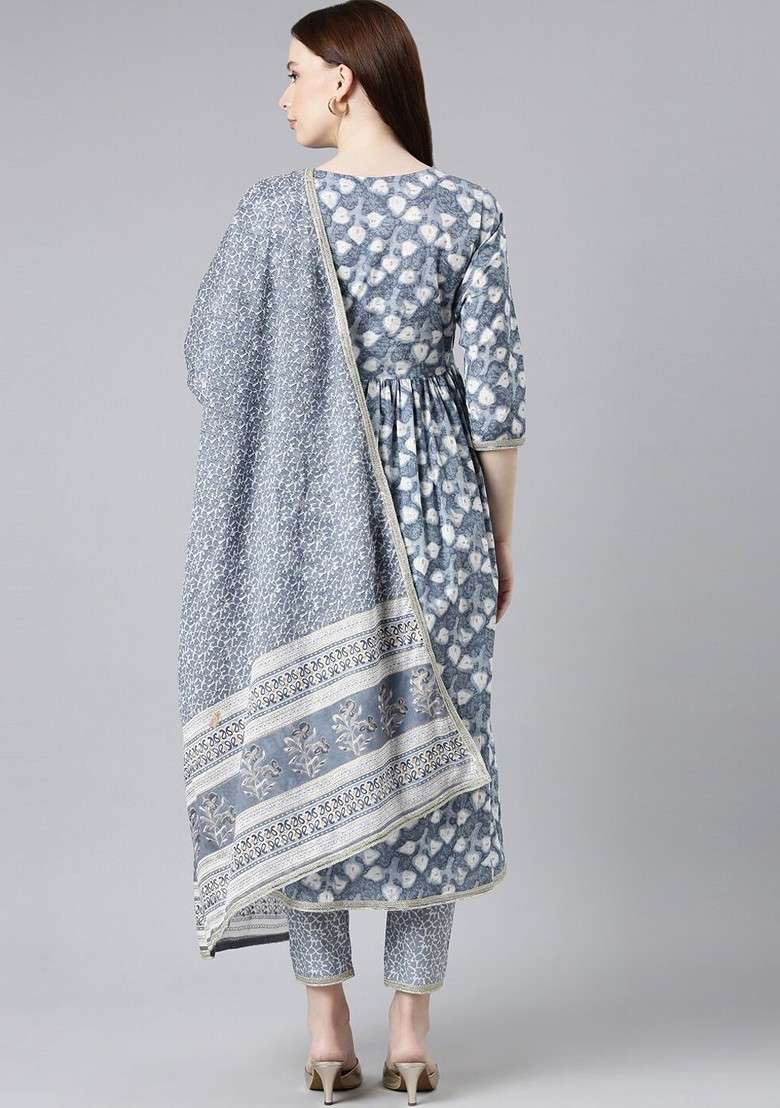 Grey Embroidered Poly Blended Kurta Sets - Indya