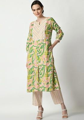Green Embroidered Poly Blended Kurta Sets