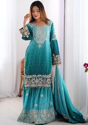 Turquoise Blue Embroidered Poly Blended Kurta Sets
