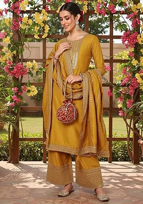 Mustard Embroidered Poly Blended Kurta Sets