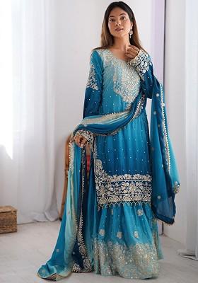 Teal Embroidered Poly Blended Kurta Sets
