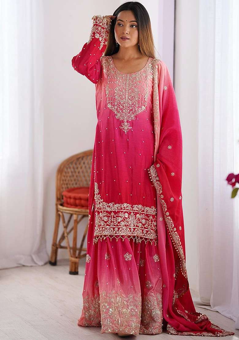 Pink Embroidered Poly Blended Kurta Sets - Indya